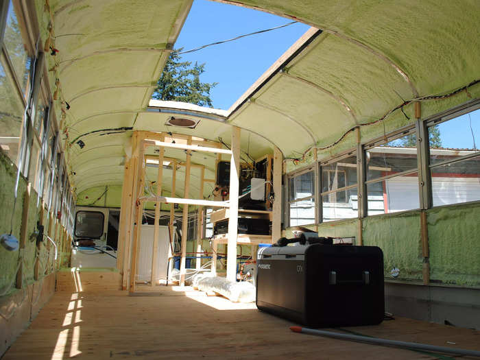 Next, the couple installed spray foam insulation so that they could stay warm in Canadian winters and cool in Mexican summers when they hit the road.