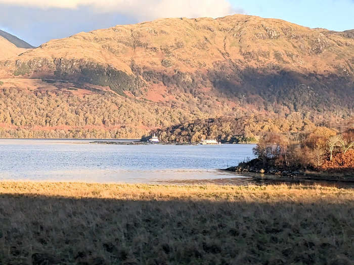 About 45 minutes into the journey, we passed Helensburgh, where the River Clyde opens up to the Gare Loch.