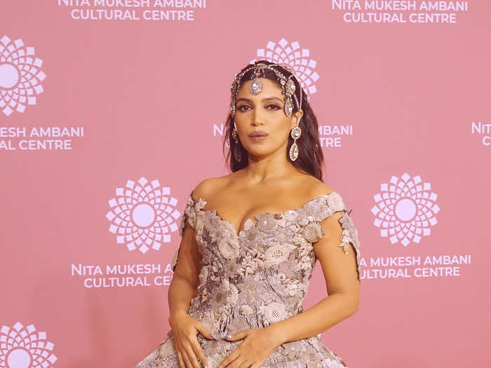 Bhumi Pednekar stepped out in an off-the-shoulder gray gown and matching headpiece.