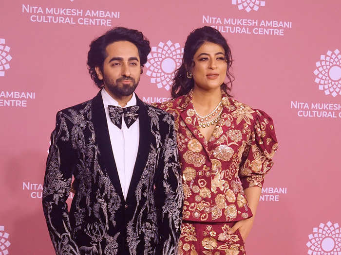 Tahira Kashyap wore a pantsuit while standing with her husband, Ayushmann Khurrana.