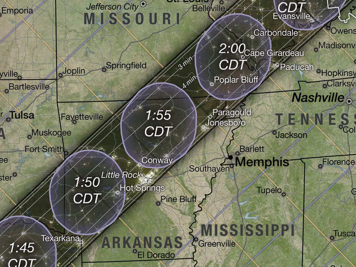 Then the eclipse will cast its shadow over Arkansas and southeastern Missouri.