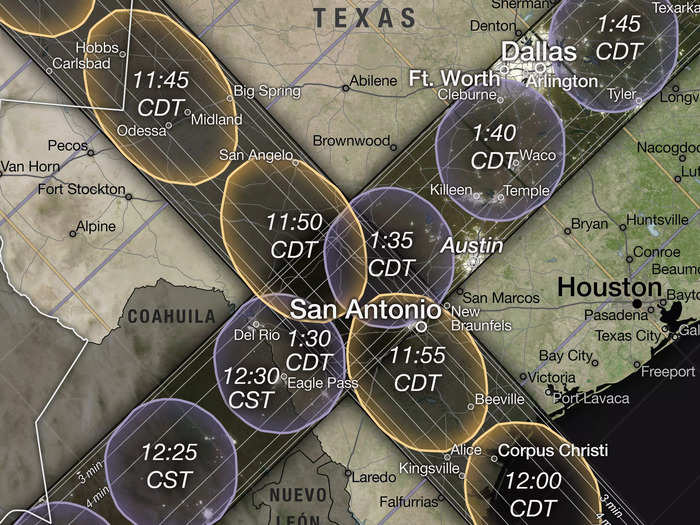 San Antonio might be the luckiest city of all. The annular eclipse will last four minutes there. The following year, residents can drive just to the northwest to see the total eclipse.