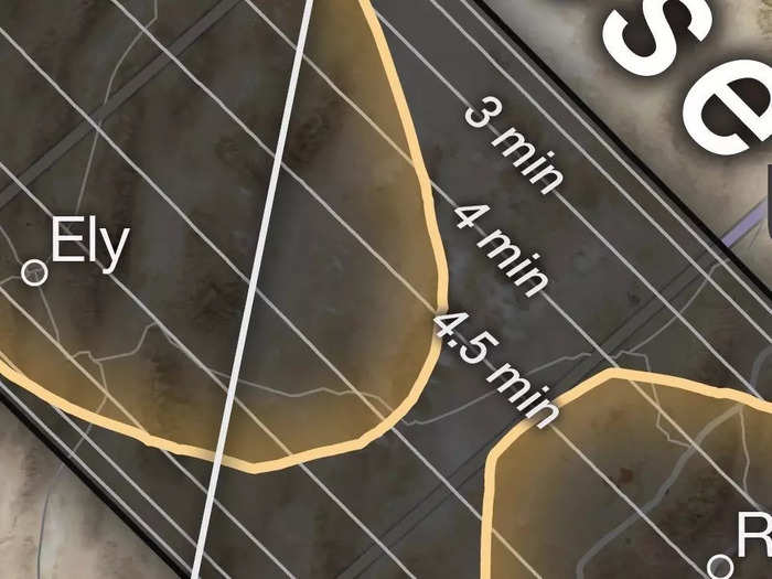 The lines on the NASA map indicate how long the eclipse will last. The outermost lines along the path show where the eclipse will last a minute or two. On the innermost lines it will last 4.5 minutes.