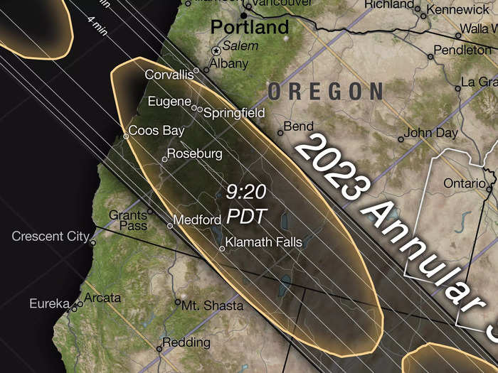 From Portland, Seattle, or the San Francisco Bay Area, your closest option is Eugene or Klamath Falls in Oregon. Inside the oval, the eclipse occurs at the noted time.