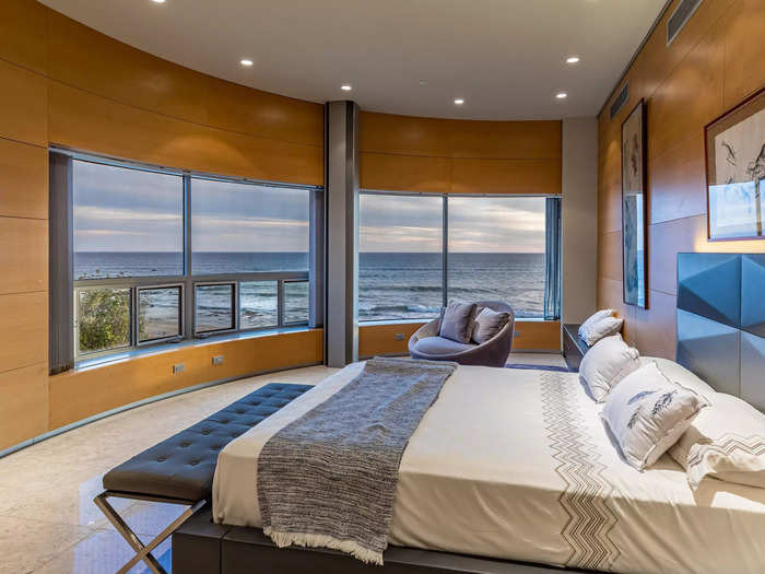 The master bedroom features a custom-made skylight that wraps around the room and gives a 270-degree view of the beach.