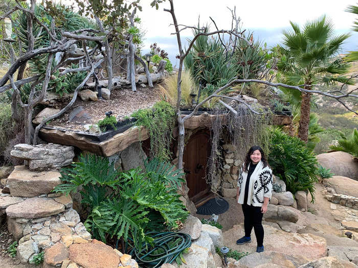 On top of the hobbit house was a living area on the roof, which was accessible via steps made from rocks.