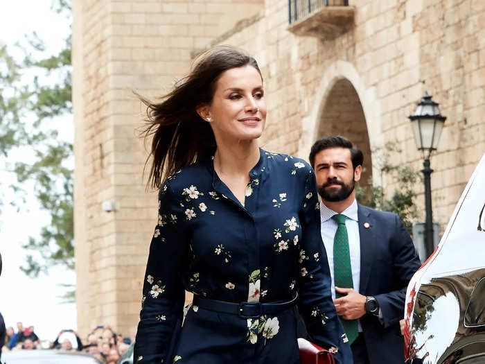 Queen Letizia wore a navy floral shirtdress to attend Easter services in 2019.