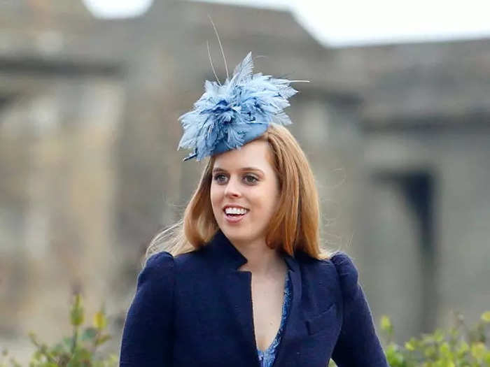 Princess Beatrice attended Easter services in 2015 wearing a blue brocade dress and fitted blazer.