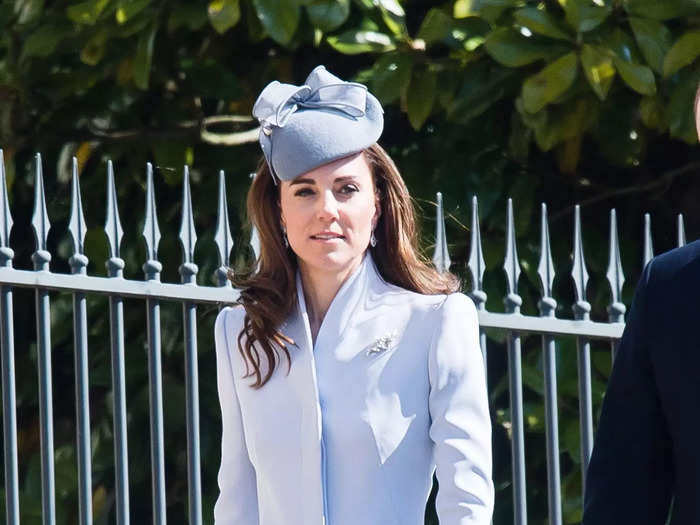 In 2019, Kate wore a pastel-blue coat and matching hat.