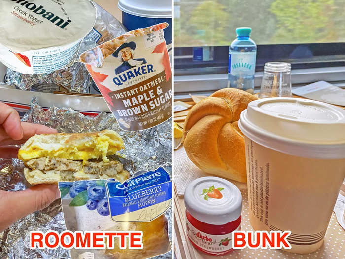 Both tickets included breakfast in the morning. On Amtrak, I had a filling, balanced meal with an egg sandwich, yogurt, oatmeal, and a muffin. Nightjet provided two rolls with butter and jam, which I appreciated, but I could