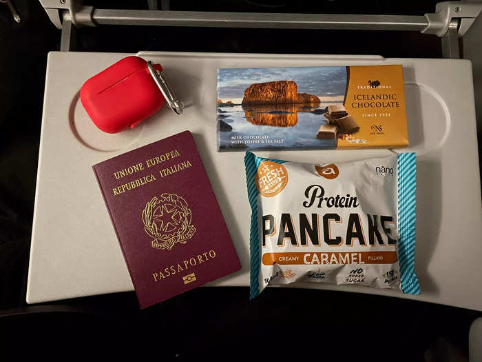 Even though we brought our own food onboard, we decided to order a snack, and chose a prepackaged protein pancake and an Icelandic chocolate bar for $9.