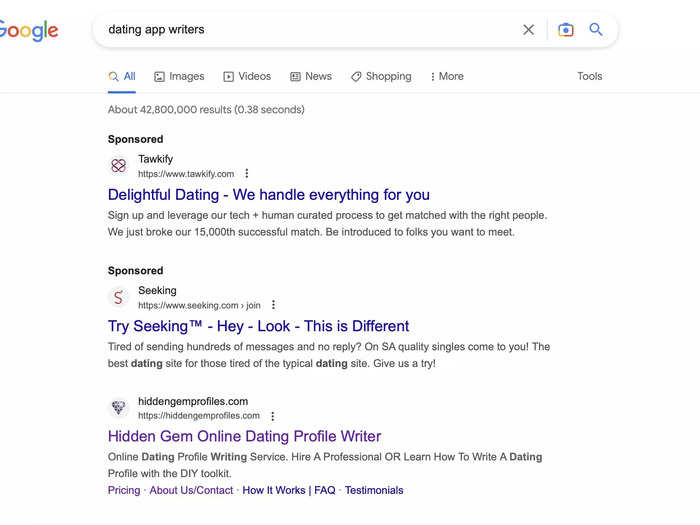 I took the path well-traveled to finding a dating app writer by searching for one on Google. Hidden Gem, which bills itself as a professional online dating profile-writing service, was one of the first results on Google search.