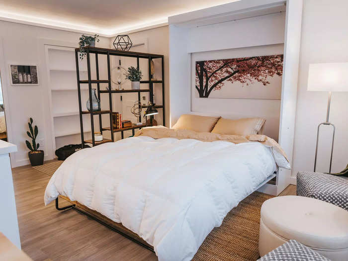 A bookshelf separates the front door and adjacent shelving from the bedroom and seating areas.