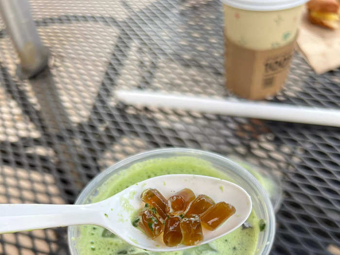 You can add Brown Sugar Jelly (a 75-cent up-charge) to any iced coffee or tea. At first this sounded like a gross, overly sweet add-on.