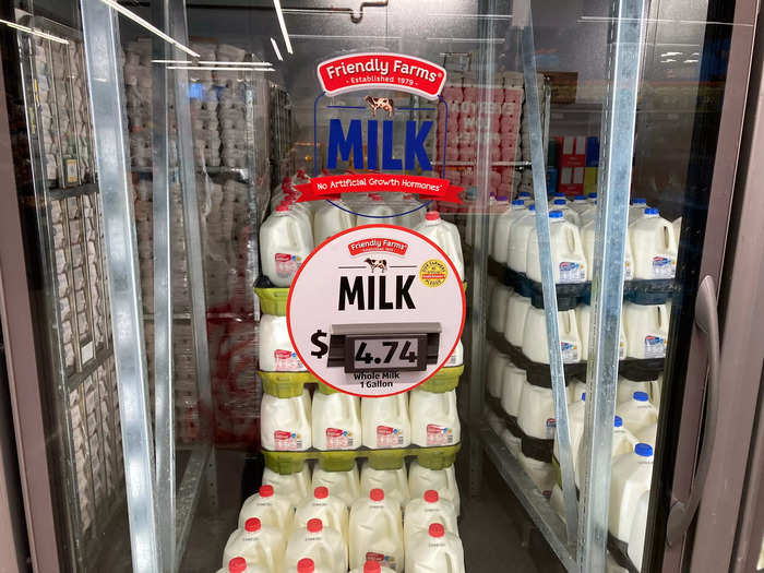 In the US store, a gallon of whole milk (just under 4 liters) cost $4.74 (£3.94).