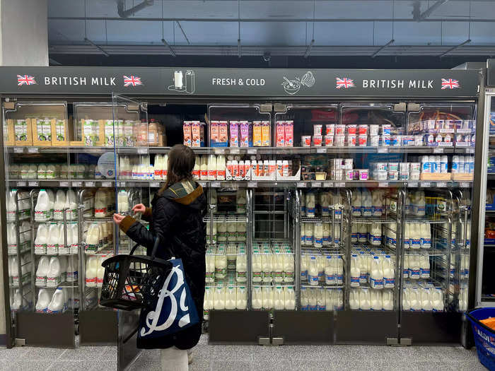 Two UK pints of whole milk, which is just over a liter, at the British Aldi cost £1.30, or around $1.56.