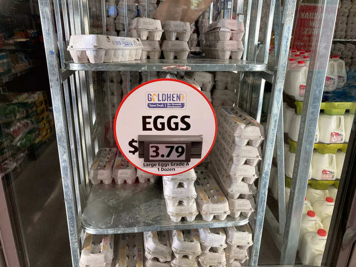 In the US, at the store we visited, a carton of large eggs cost a whole dollar more at $3.79 — and that was for fewer eggs.