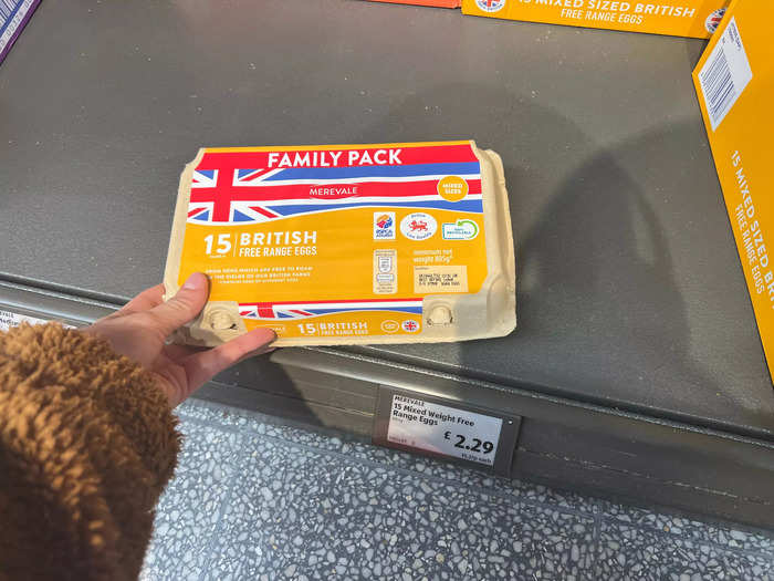 First up on our grocery list was eggs. In the UK, a family-sized carton of eggs at the Aldi we visited cost £2.29, or around $2.70.