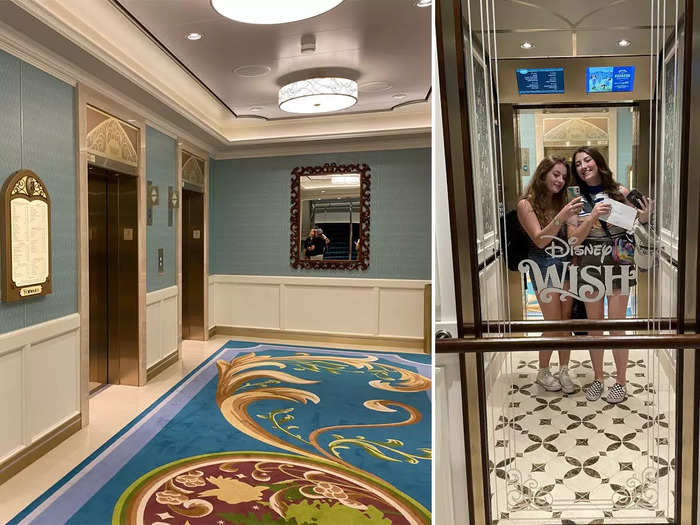 The elevators that bring you between decks are surprisingly luxurious. There are princess-themed carpets outside, and gold-flaked mirrors inside.