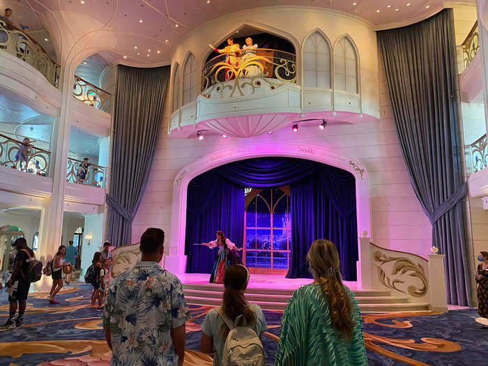 This opulent, main deck is inspired by Cinderella. There are gem-encrusted banisters, a winding staircase, and a stage where you can often find performers.