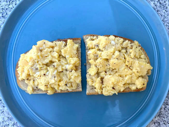 I spooned the eggs over toasted bread, served them hot with extra cheese, and took a big bite.