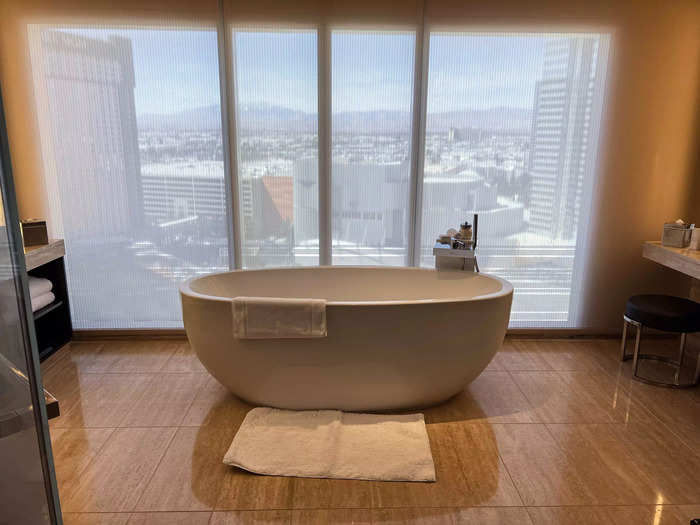 Across from the closet, I walked into the bathroom. Right away, it impressed me the most with a standalone soaking tub in front of more floor-to-ceiling windows — with shades for privacy.