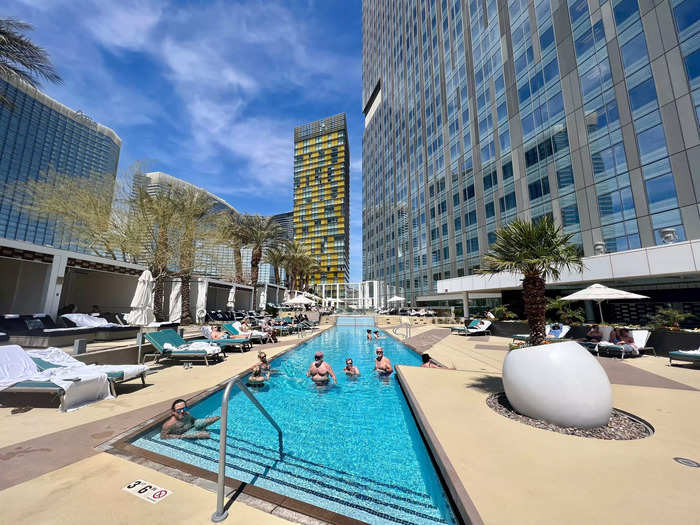 The hotel is more intimate than other big, splashy Vegas resorts. There are just three on-site food and drink options with two modestly-sized pools, a fitness center, and a spa.