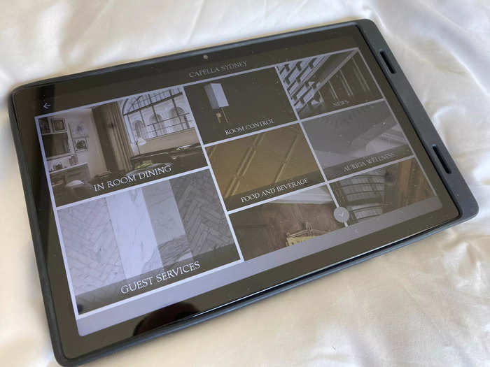 A tablet was used to control various aspects of the room and access guest services.