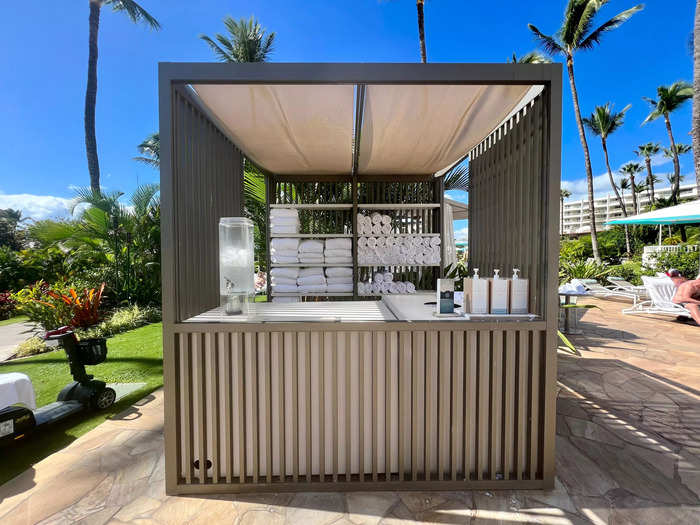 Complimentary water, sunscreen, and aloe vera were available at the poolside kiosks.