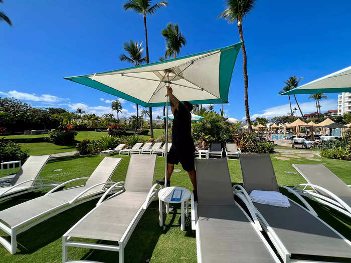 After checking in at the pool pavilion, an attendant set me up with a lounge chair, umbrella, and towels.