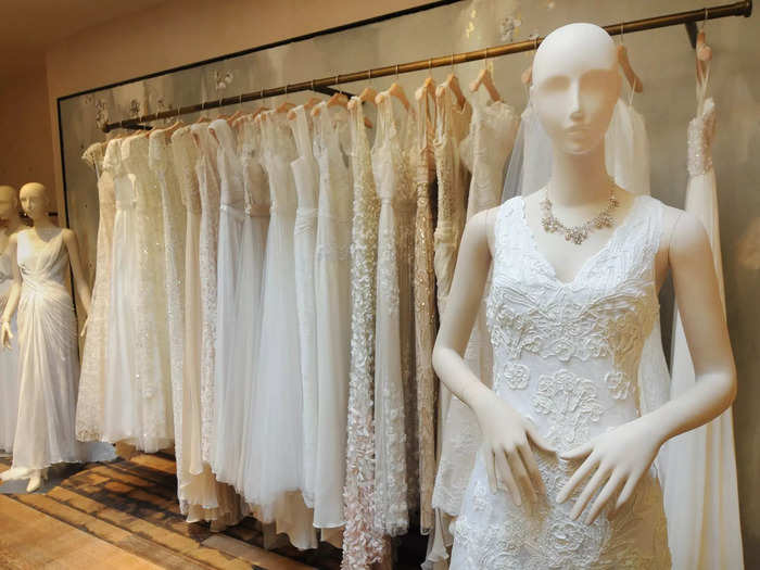 Marriage rates were on the decline at the same time that gown shopping continued to evolve. Many brides were spending more than ever on their gowns — $1,564 on average by 2016 — or were opting to shop online at sites like ASOS, Reformation, and Anthropologie