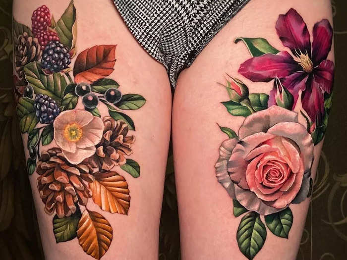 Two sets of flower bouquets cover scars on the thighs