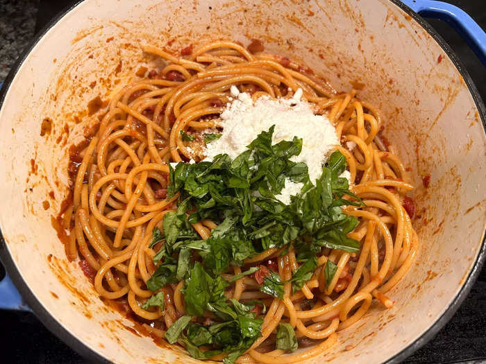 Then I took my Dutch oven off the heat and added the Pecorino and basil.