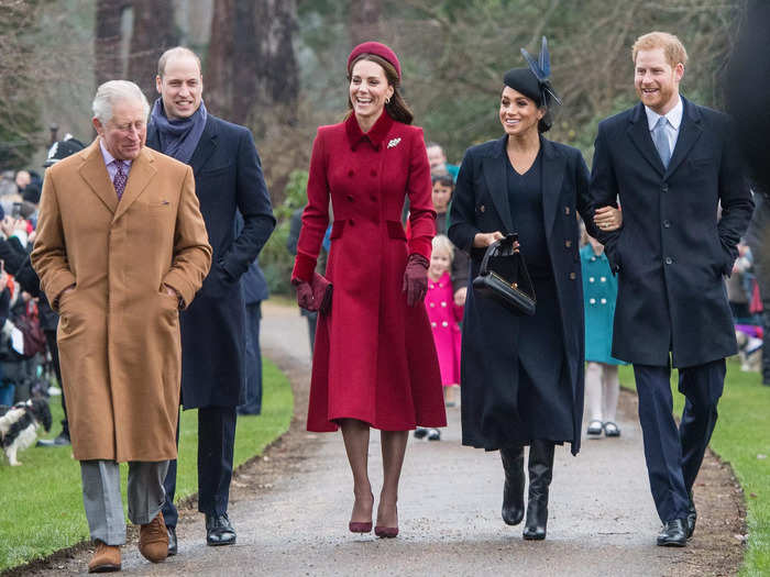 December 2018: Charles and Meghan walked alongside other royal family members on Christmas Day at Sandringham.