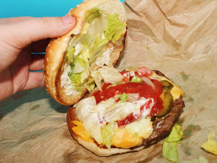 A Whopper comes with one quarter-pound beef patty, pickles, onions, lettuce, tomato, ketchup, and mayonnaise on a sesame-seed bun.