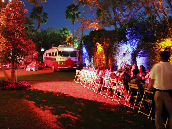 After the sun went down, the dinner table was aglow with multicolored lights.