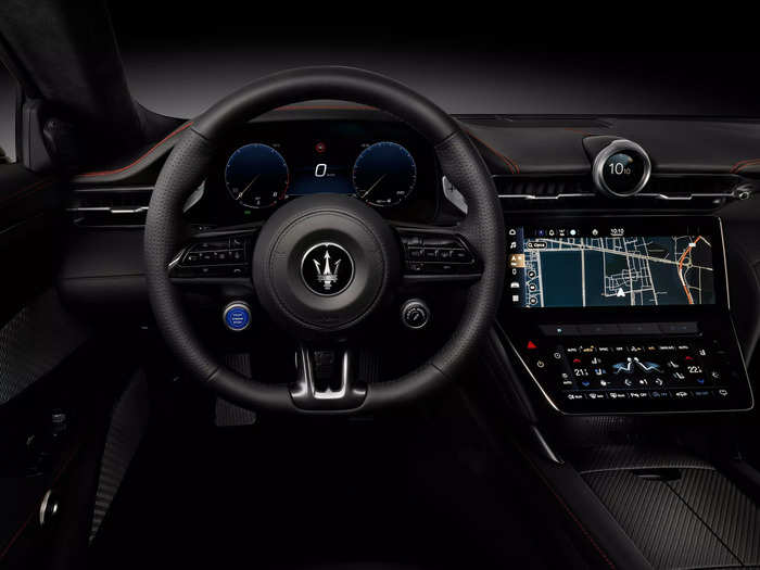 The Trofeo also has some unique features: The sides of the steering wheel are in perforated leather and the Start/Stop button is in the dedicated Blu, per Maserati. Its steering wheel paddles come standard in brushed dark aluminum.