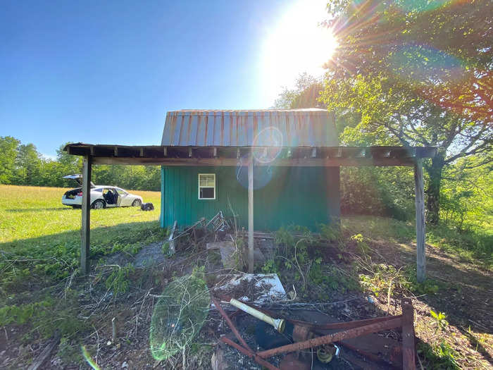 Their first step was to clear the shed of the overgrown plants and trees.