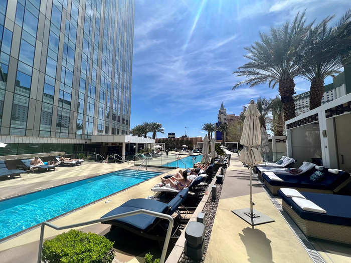 Plush loungers lined the pools alongside cabanas for rent, and I thought the deck had a quiet, peaceful feel. Soft music played in the background, but unlike other Vegas resorts, there was no loud DJ or raucous pool-party vibes.