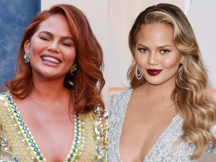 Chrissy Teigen showed off auburn locks at the 2023 Vanity Fair Oscar Party.