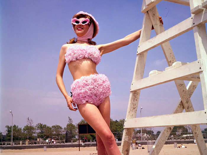 This textured, flowery bikini from the 1960s foreshadows the contemporary Barbiecore trend, and we