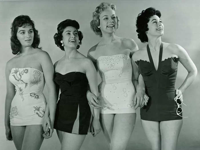 Corset-style bathing suits were all the rage in the 1940s.