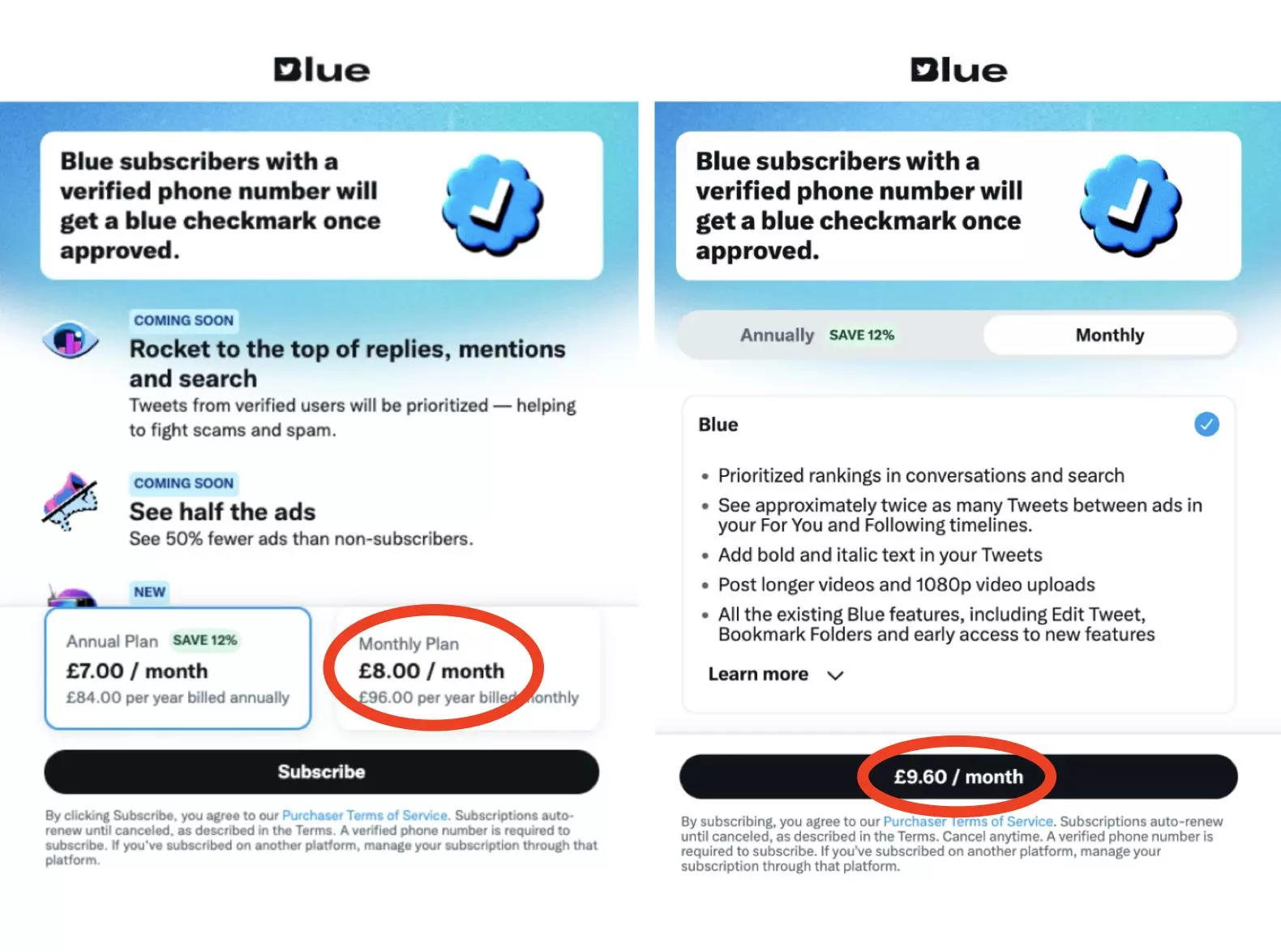 A side-by-side comparison of the Twitter Blue checkout screen shows how the advertised monthly price has quietly gone up 20%, from £8 to £9.60