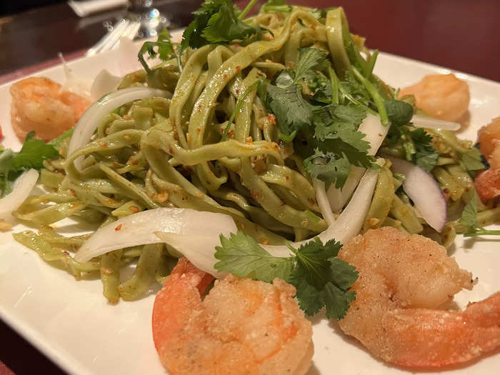 I had mixed feelings about the salt-and-pepper shrimp with spinach noodles.