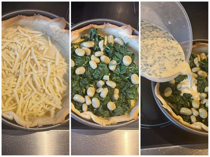 I added a sprinkling of cheese, then the spinach and the beans, before pouring on the egg mix.