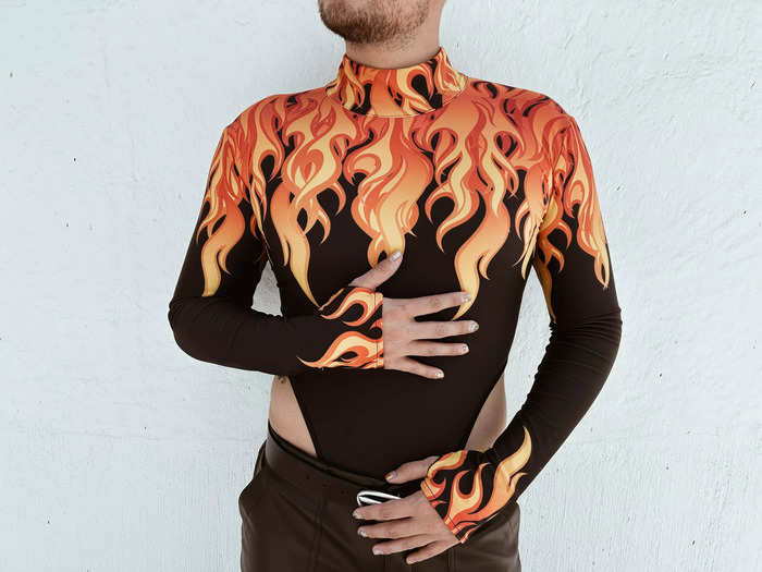 The star of my first outfit was a Kult bodysuit with flames on the front and sleeves. I paid about $79 for it.