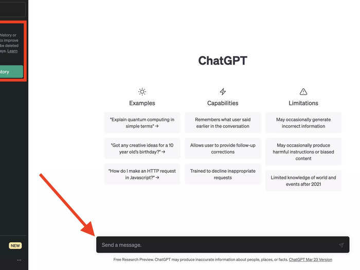 Afterward, you should see a message on the left sidebar saying your chat history is off. Your search bar will also turn black. Clicking "Enable chat history" will allow ChatGPT to save your conversations again and use them for training purposes.