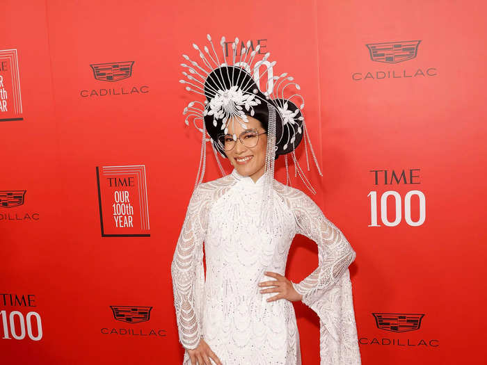 Ali Wong wore a traditional Vietnamese ao dai gown with fringed sleeves and a beaded headpiece.