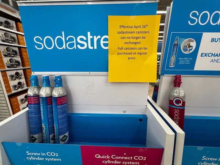 A SodaStream display informed customers that the store would no longer exchange empty CO2 canisters.