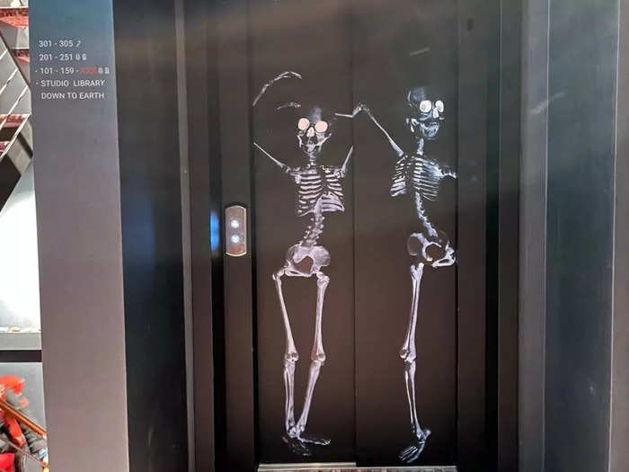 Skeleton art adorned the elevator doors.